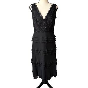 Tadashi Collection Black Beaded Lace Cocktail Dress Evening Wedding Ruffled 8